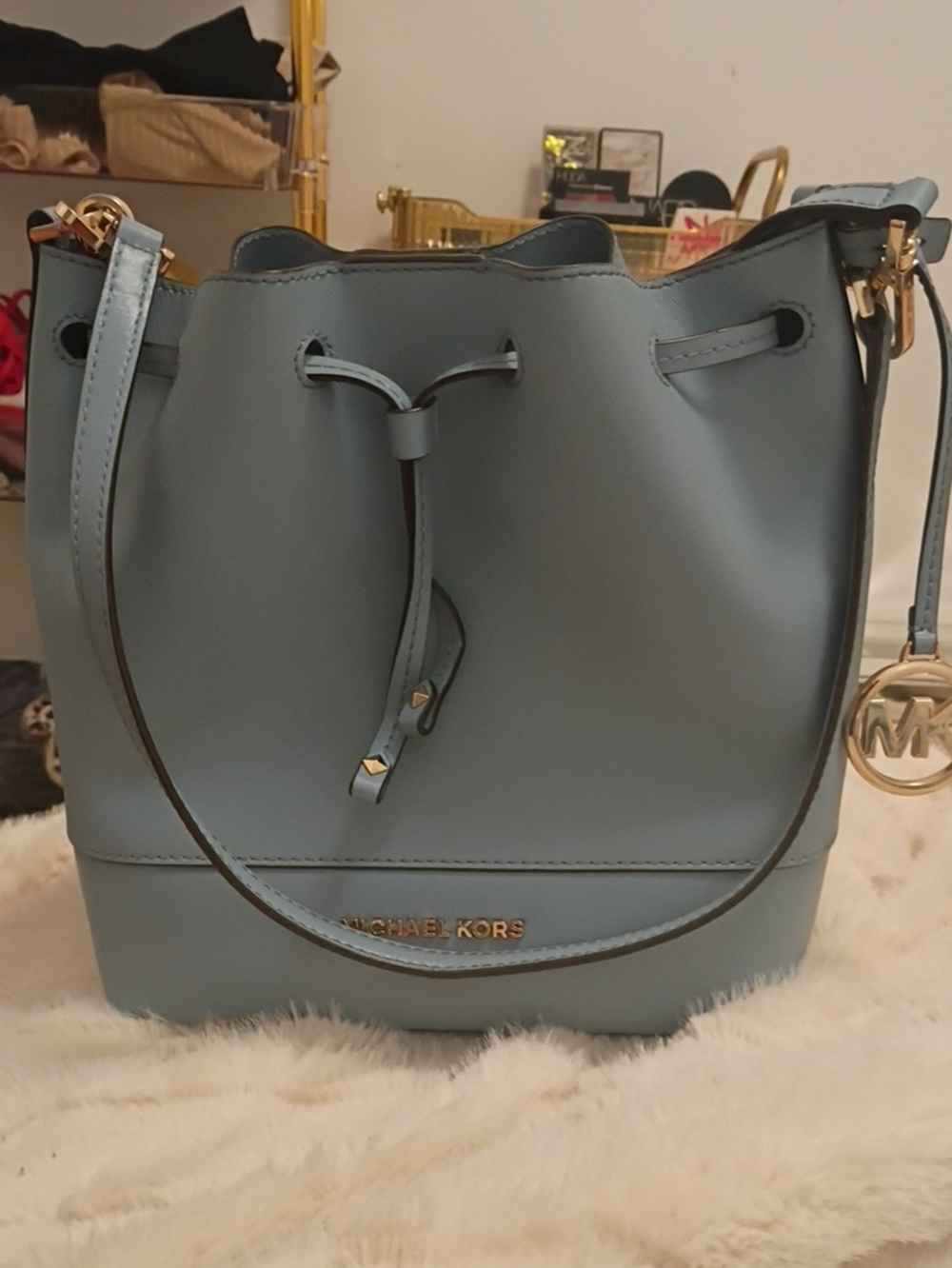 Michael Kors Avery Light Blue Leather Drawstring Shoulder Bucket Bag